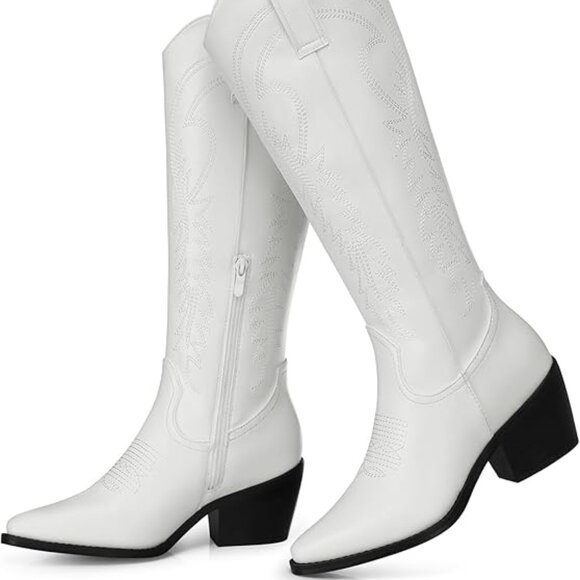 NEW! Cowboy Boots for Women Knee High Pointed Toe Chunky Heel Wide Calf Booties - Picture 1 of 5